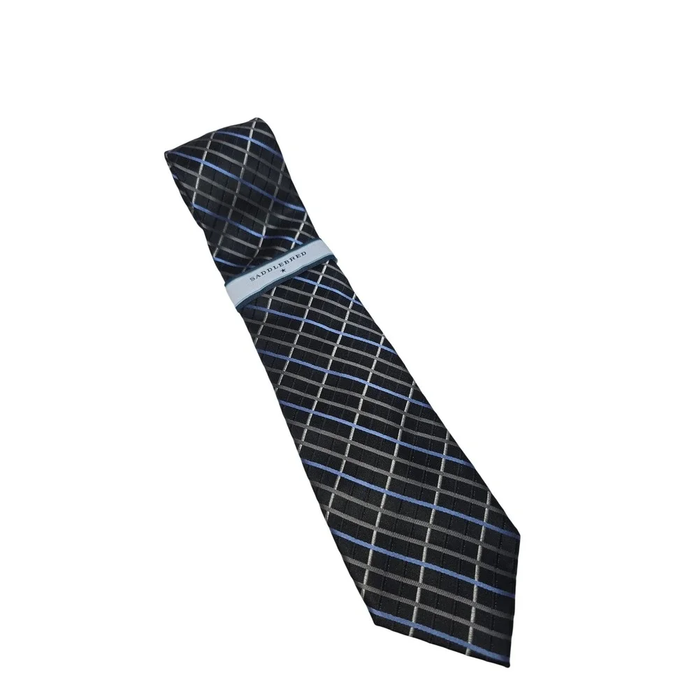 Saddlebred NWT M's Silk Necktie BlackBlueSilverPlaid GridStripedStain Resistant